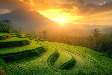 Fototapeta premium The beauty of rice fields on the mountain slope at sunset. Rice harvest. Generated by artificial intelligence