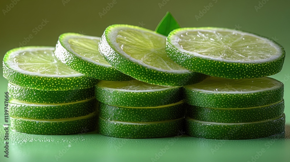 Poster a stack of fresh lime slices arranged neatly on a surface.