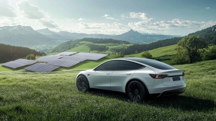 Naklejka premium Sleek Electric Vehicle Parked in Lush Green Landscape with Mountains