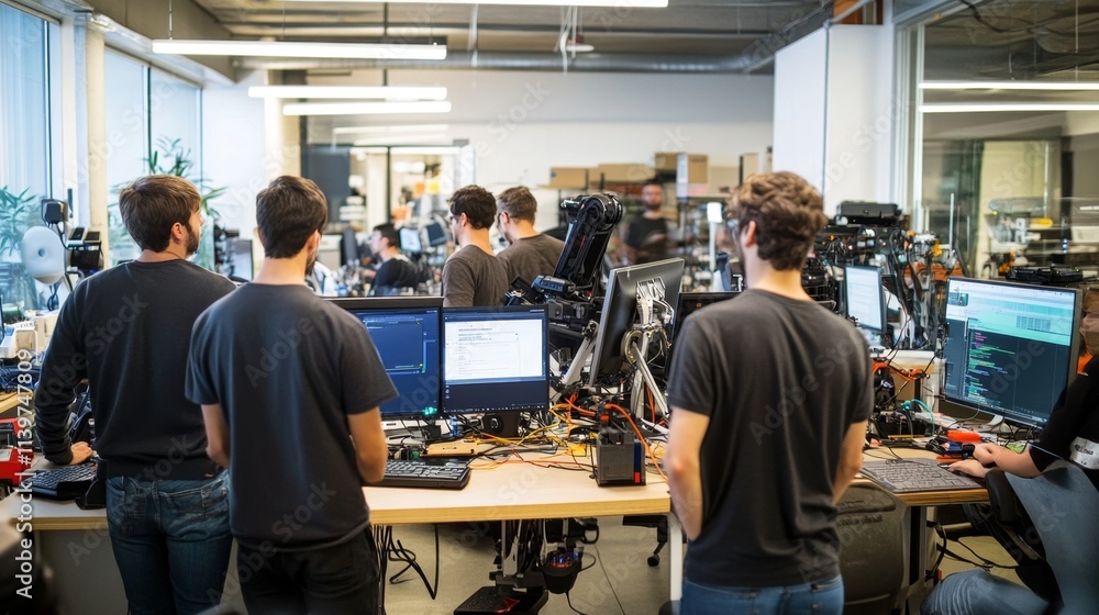 Aufkleber engineers and designers collaborating in modern tech workspace