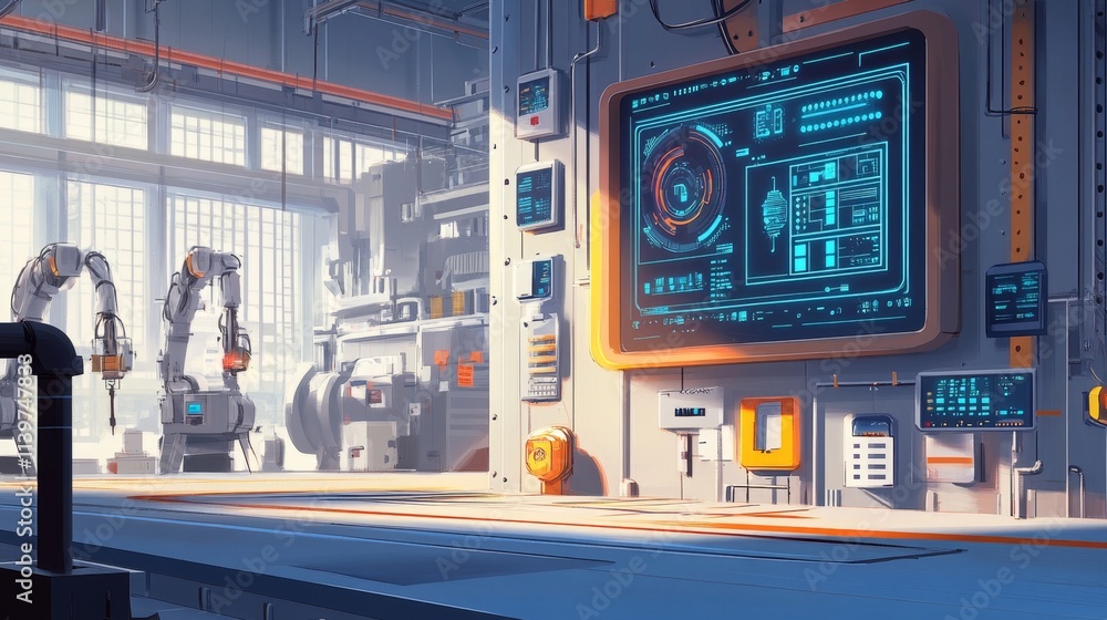 Poster futuristic factory floor powered by cloud technology and automation