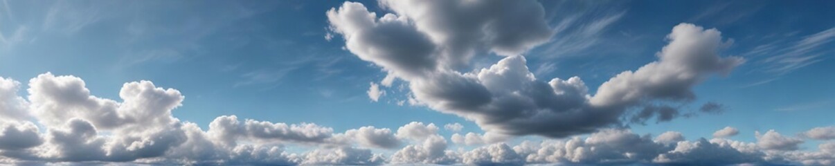 Naklejka premium Light gray clouds drifting across a clear blue autumn sky, blue hues, autumn sky, peaceful atmosphere