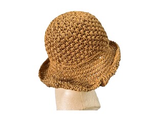 The white background in the picture is a brown hemp hat woven from a wide brim, intricately woven...