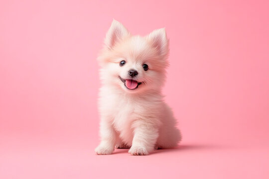 Portraite of cute fluffy puppy sitting on a pink background. Free space for text.