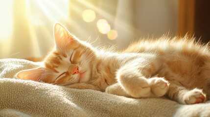 Obraz premium Cute Orange Tabby Kitten Sleeping Peacefully on Cozy Blanket in Sunlight