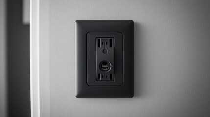 A modern black electrical outlet installed on a wall.