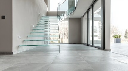 Obraz premium Light-filled villa entrance with glass treads, steel railing, and modern stone flooring.