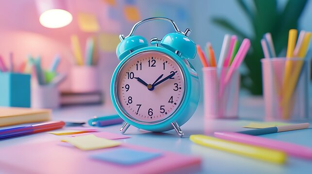 A playful cartoon-themed small clock, surrounded by colorful pens and sticky notes, sitting on a bright and cheerful desk with soft overhead lighting, hd quality, fun and creative. --ar 16:9