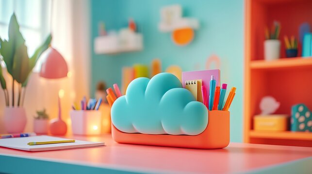 A playful desk organizer in the shape of a cloud, holding vibrant markers, sticky notes, and a small notebook, placed on a colorful desk with whimsical decor and warm lighting, hd quality,