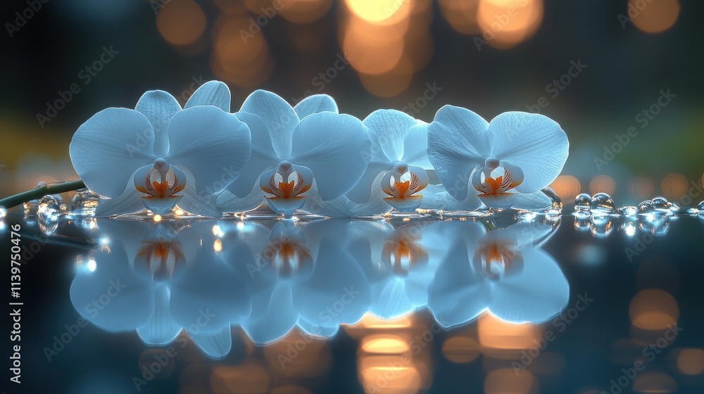 Poster a serene arrangement of white orchids reflecting on a surface with a soft bokeh background.