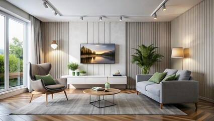 Modern Living Room with Wall-Mounted TV and Armchair, 3D Rendering, Long Exposure, Minimalist Design, White Walls, Cozy Atmosphere, Home Decor Inspiration, Interior Design Ideas