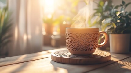 Obraz premium A rustic wooden coaster carved with intricate patterns, holding a steaming cup of herbal tea, placed on a vintage desk with cozy decor, sunlight streaming through nearby curtains, hd quality,