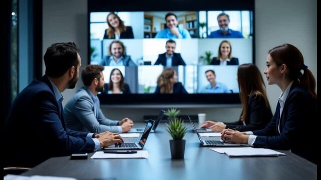 Business Team Engaged in Virtual Meeting in Modern Conference Room