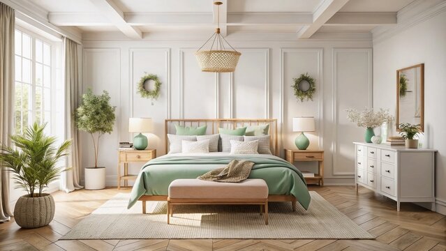 Modern Provence bedroom with minimalist photography showcasing country elements, soft hues, natural light streaming in, chic decor, and an inviting atmosphere that embodies elegant simplicity.