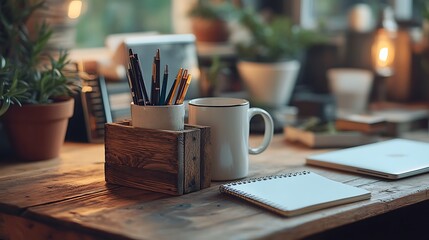 A rustic wooden desk organizer with natural grain patterns, holding notebooks, pens, and a coffee mug, placed on a cozy desk with vintage decor and warm lighting, hd quality, warm and inviting.
