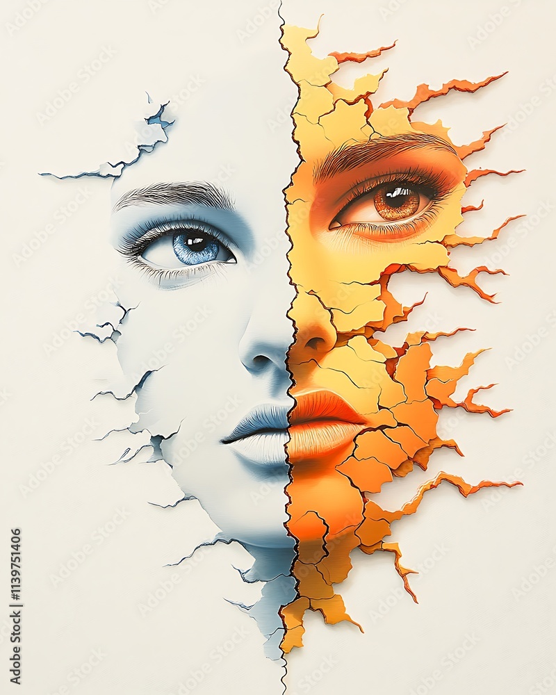 Poster opposition in abstract art, abstract portrait with split color effect