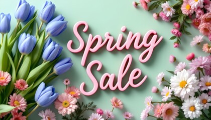 Stylized text "Spring Sale" in elegant cursive, encircled by orange and pink tulips, yellow daisies, and delicate cherry blossoms, on a mint green pastel background with a faded floral pattern.
