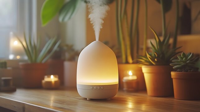 A sleek ceramic aromatherapy diffuser in matte white, emitting a soft mist of essential oils, set on a minimalist wooden desk with potted succulents and warm ambient lighting, hd quality,