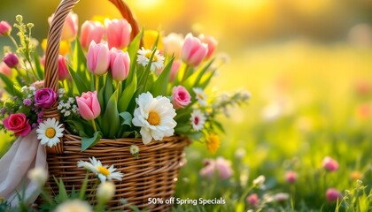 Obraz premium Elegant digital banner featuring a wicker basket filled with colorful fresh flowers, including violets and daffodils, set against a bright and sunny backdrop of a blooming garden. 