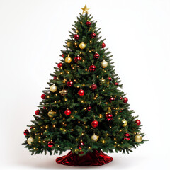 Fototapeta premium Decorative Christmas tree with ornaments and lights on white background, festive, holiday spirit, copy space