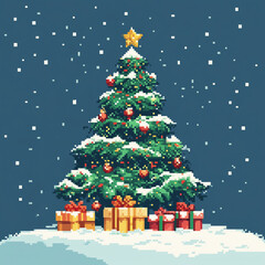 Fototapeta premium Pixel art Christmas tree with gifts and snowfall on blue background, festive, holiday spirit, copy space