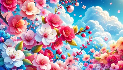 Obraz premium Colorful Sakura Blossom Illustration with Bright Blue Sky and Clouds