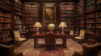 Fototapeta premium A lavish, opulent, antique library with antique bookshelves, rich dark wooden furniture, and comfortable seating around a large wooden desk. A vintage globe and framed map are on display.