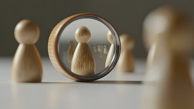 One wooden figure magnified by a glass lens, the others surrounding it out of focus on a clean white surface.
