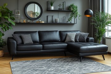 Black leather sofa with ottoman and pillows, white wooden flooring, gray patterned rug, light gray walls with shelves, decorative mirrors and artwork, floor lamp.