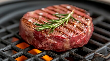 Grilled Steak with Rosemary Herb Garnish on a Charcoal Grill, Showcasing a Perfectly Cooked Meat Slice Glazed with Seasoning and Natural Flavors