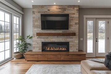 Modern built-in electric fireplace with stone tile wall, TV mounted above, walnut wood cabinet below, warm-colored walls, cozy home interior.