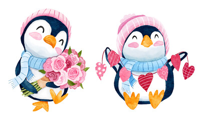 Cute penguins with flowers and heart garlands