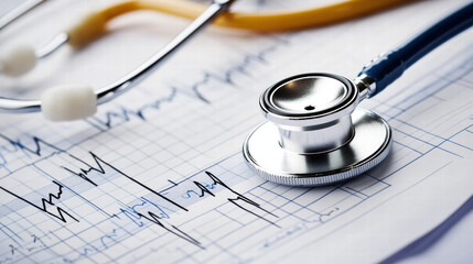 Stethoscope on a medical chart with an ECG line, a close-up shot