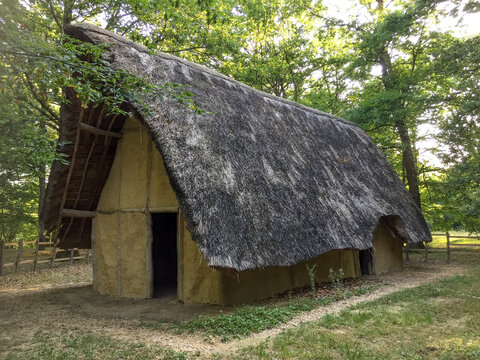 une maison de gaulois reconstitu&eacute;e visible dans le domaine des druides &agrave; La Gen&ecirc;te en Sa&ocirc;ne et Loire France