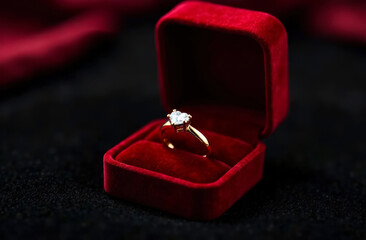 engagement or wedding gold ring with a heart-shaped diamond in a red velvet case