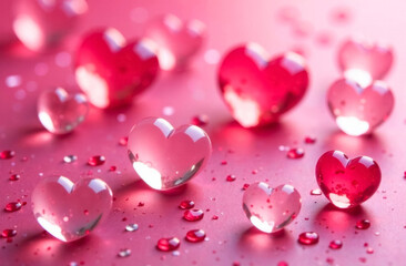 many transparent 3D glass hearts lie on a pink background, or drops of water in the form of hearts