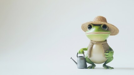Cute cartoon frog wearing a straw hat and a scarf, holding a watering can.