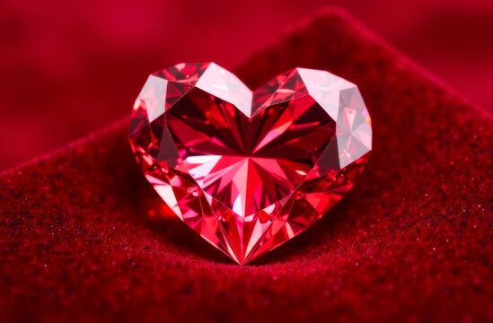 precious stone faceted red ruby ​​or red diamond in heart shape on red velvet