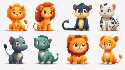 Fototapeta premium Eight adorable cartoon animal cubs.