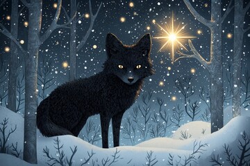 Fototapeta premium a cute black fox in a winter night in the forest