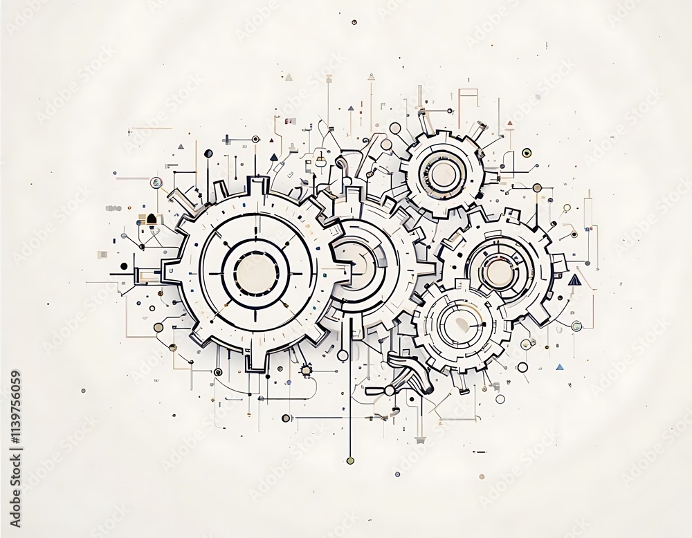 Poster abstract line illustration of interconnected gears symbolizing teamwork and management