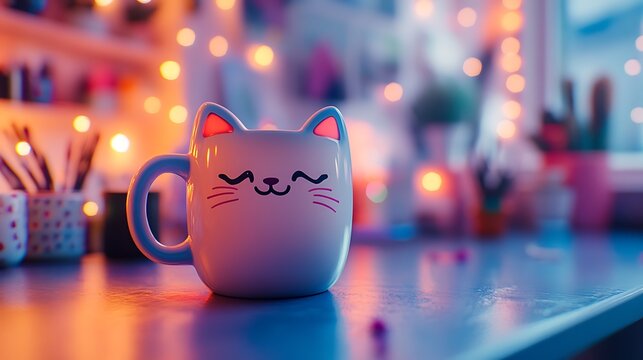 A whimsical mug with a cartoon cat face and ears, holding a frothy latte, placed on a colorful desk with quirky decor and vibrant lighting, hd quality, playful and fun. --ar 16:9