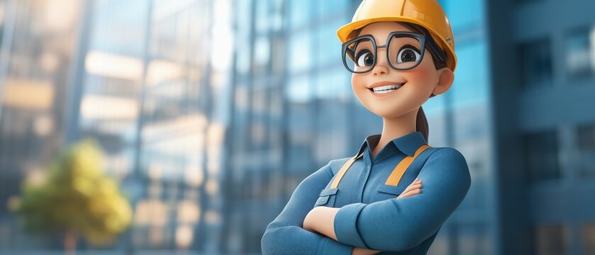 Engineer Theme, A cartoon girl wearing a hard hat and safety glasses is smiling