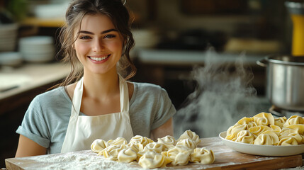 Smiling italian woman making fresh homemade pasta: tortellini