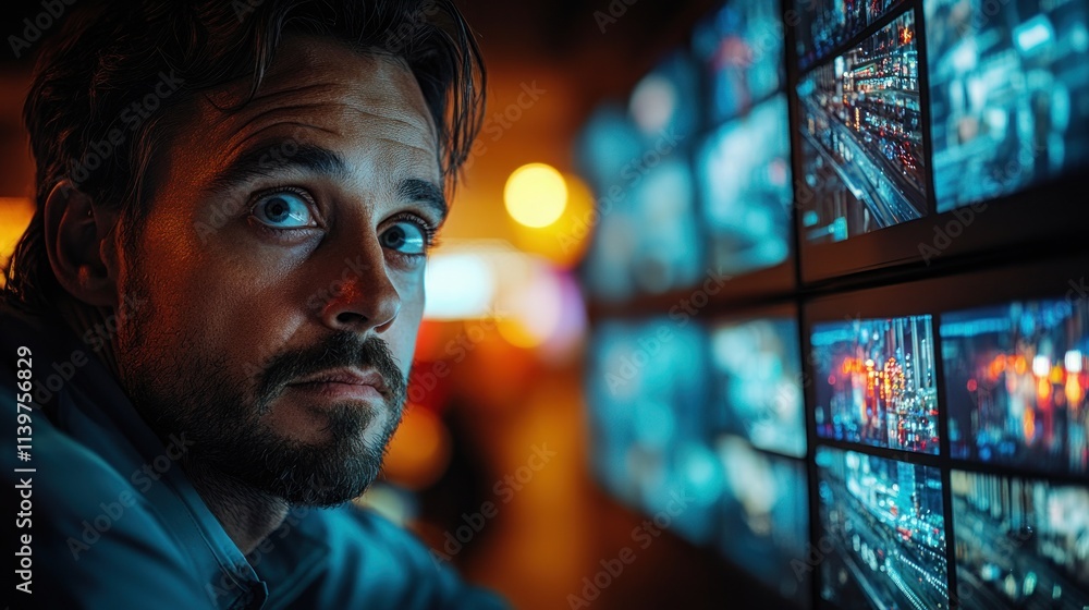 Poster a focused individual observes multiple screens displaying urban scenes.