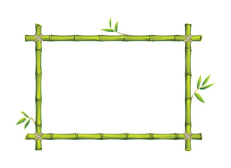 Green bamboo rectangle frame with leaves and tied ropes, perfect for nature themed backgrounds. Vector cartoon illustration