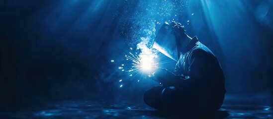 Person welding with sparks flying, dark blue light.