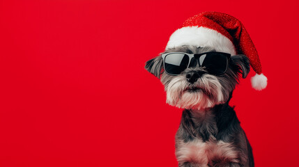 Merry Christmas concept holiday vacation winter animal pet greeting card - Cool santa claus dog with sunglasses and santa hat, isolated on red background
