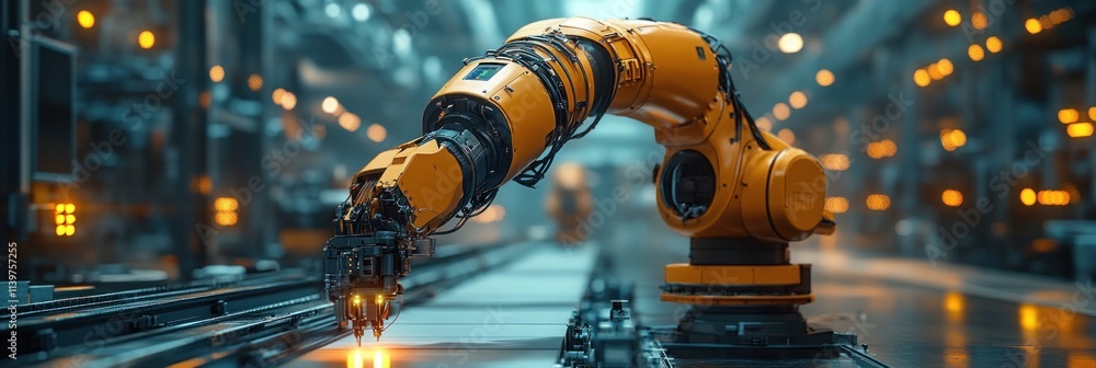 Poster a robotic arm in a factory setting, demonstrating automation in industrial processes.