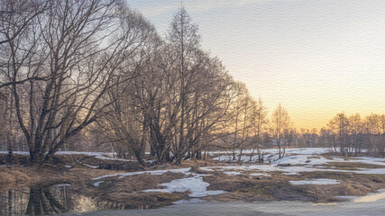 Snowy field with trees in the background